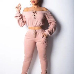 Off The Shoulder Cozy Cute Two-Piece Jogger Set